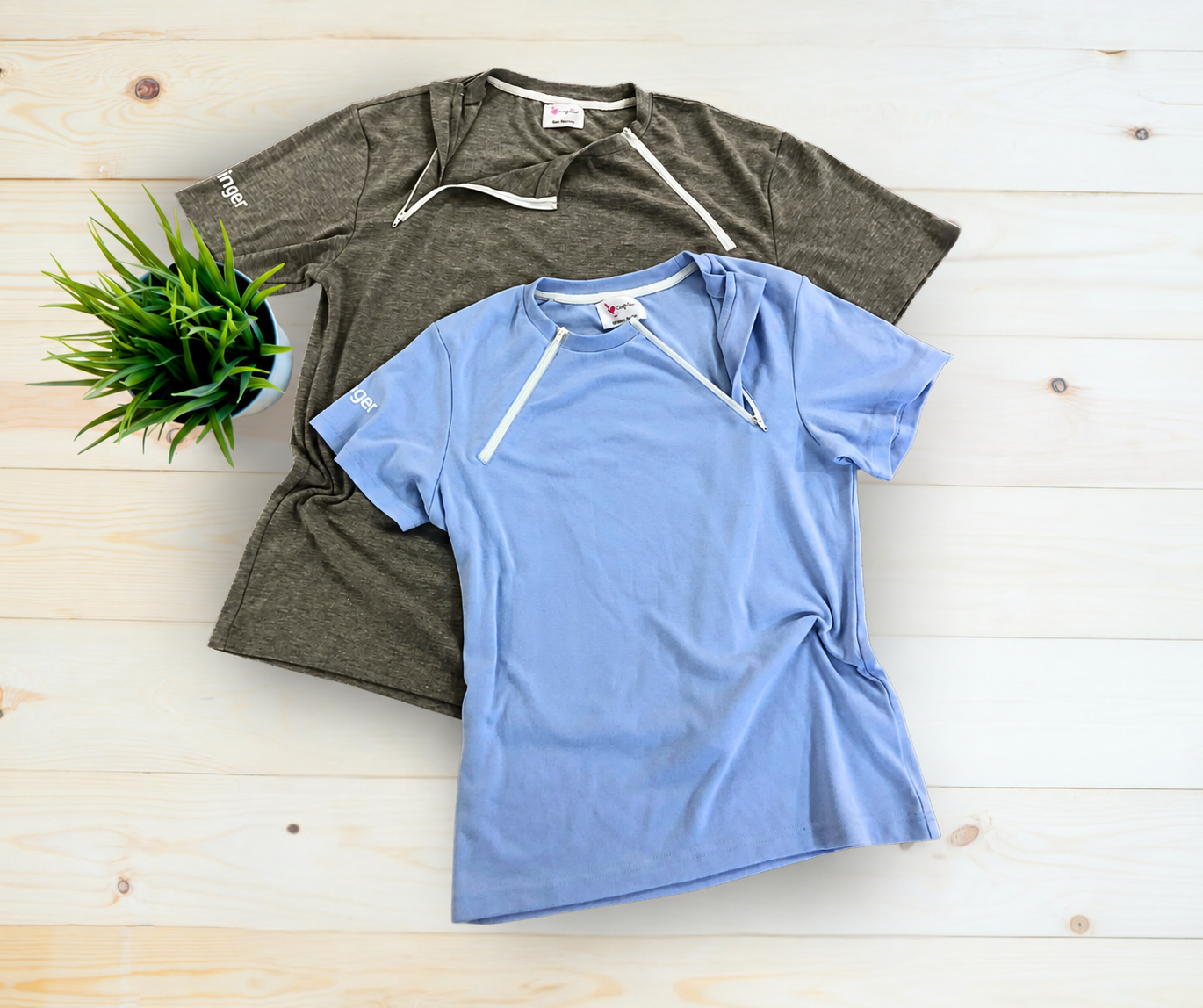 Blue and charcoal chemo shirts designed with easy-access zippers
