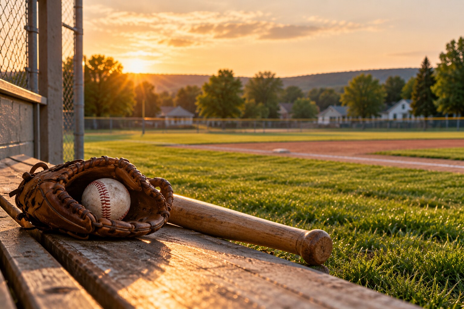 A baseball glove, ball, and bat beside a small-town baseball field