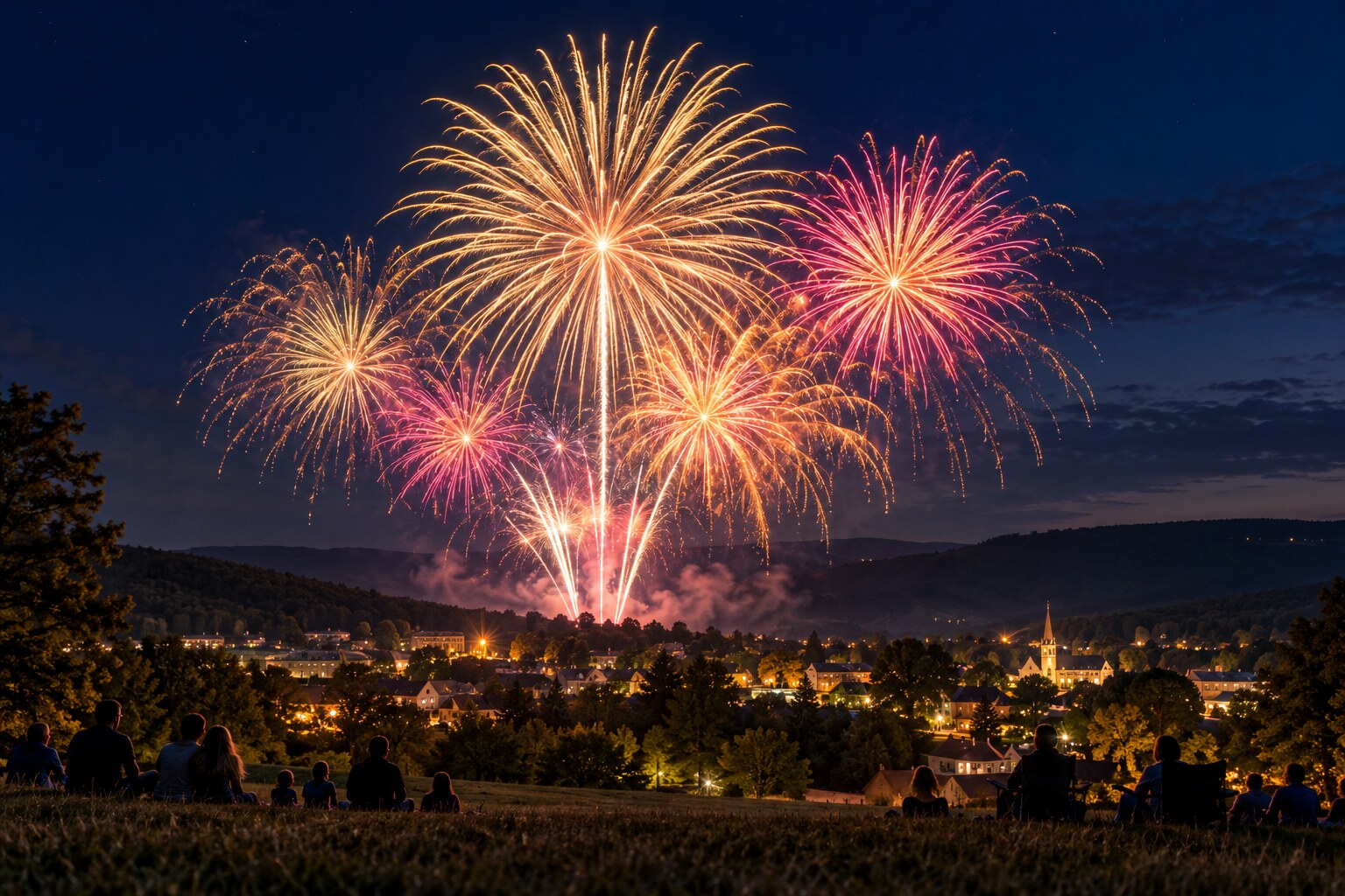 Fireworks lighting the night sky above a small-town community gathering